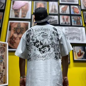 Hommes T-shirt à imprimé tête de mort Harajuku Streetwear O-cou à Manches Courtes Tops Masculins Graffiti Lettre de Fret Hip Hop Casual