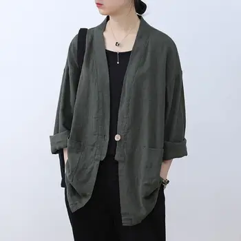 Japonais de Haute Qualité Vintage Surdimensionné Veste Femme Casual toile de Coton Manteaux à manches Longues Lâche Mince Un Bouton Cardigan Top
