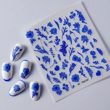 Klein du Bleu de Fleurs 5D en Relief Doux Reliefs Auto-Adhésif Nail Art Décorations Stickers Marguerite Anémone Manucure Autocollants de Gros
