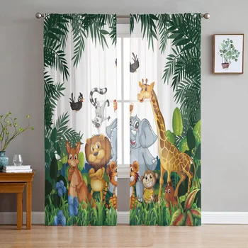 La Jungle tropicale du Zoo de Animaux de dessin animé de la Pure Rideaux pour la Salle de Séjour Chambre à coucher Fenêtre de la Cuisine Décor Girafe Éléphant Rideaux de Tulle