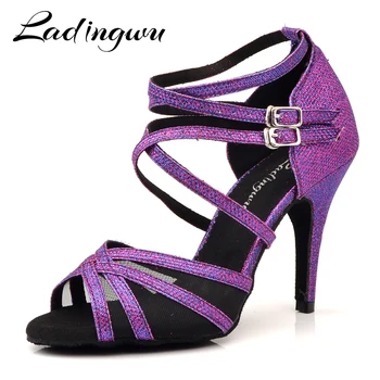 Ladingwu de Danse latine Chaussures Violet Flash en tissu Taille US 3.5-12 10cm Hauteur de Talon Professionnelle de Danse Salsa, Chaussures Pour Femmes