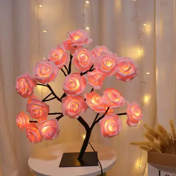 Lampe de Table Fleur de l'Arbre 24 Chefs Rose Lampes Fée Bureau Lumières de la Nuit USB Exploité des Cadeaux pour le Mariage de Valentine de Décoration de Noël