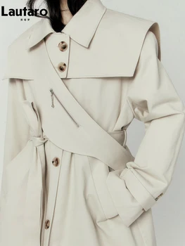 Lautaro Automne Cool Long Trench-Coat pour les Femmes Amovible Marin Col et les Poches de la Ceinture de la Piste de la Mode de Luxe, Vêtements de marque