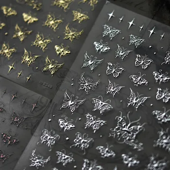 Le bronzage Laser Papillon d'Argent 5D en Relief Doux Reliefs Auto-Adhésif Nail Art Autocollants de Style Japonais Ongles Décalques de Gros