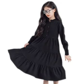 les enfants adolescentes automne hiver noir rouge à volants polyester flare robe de 6 à 16 ans, fille de mode de la mode boutonné casual robes