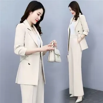 Les femmes de la fonction de 2023 Printemps Automne Nouvelle Mode Manteau de Costume+Jambe large Pantalon de Deux pièces coréen Élégant Blazers Veste Ensembles assortis