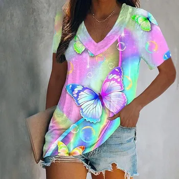 Les femmes de Luxe de T-Shirts 3d Papillon Imprimer Manches Courtes col en V Tops Tés de l'Été de la Mode Casual Gradient Filles Surdimensionné Pull