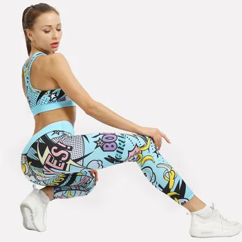 Les femmes d'Impression de dessin animé de Yoga Convient à l'Exécution de vêtements de sport Taille Haute longueur au genou Pantalon de Fitness de sport Set salle de sport Survêtement d'Entraînement Tenues