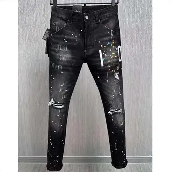 Les hommes de la Mode Trou Lettre de l'Impression de Pulvérisation de Peinture Jeans Trendy Casual de la Rue Haute de Tissu Denim Pantalon 9881#