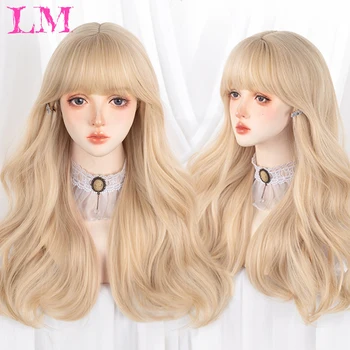 LM de Long Naturels Ondulés Blond Platine Perruques Avec des mèches de cheveux Cosplay Partie Lolita Perruques Synthétiques pour les Femmes Fibres Résistantes à la Chaleur