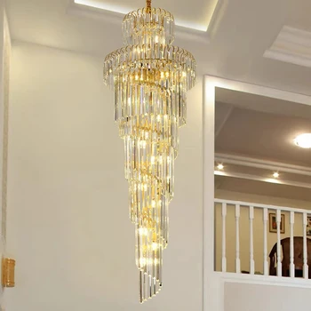 Long Escalier Lustre En Cristal Moderne Loft Lampe En Cristal De Long Chandelier Simple De Luxe De La Villa Salle De Séjour Grand Lustre