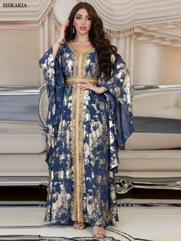 Luxueux Femmes Jalabiyat Marocain Kaftan Abaya Dubai Impression de V-Cou Dentelle Guipure Bande Robe Ceinturée Islamique de Robes Pour les Femmes