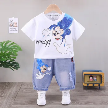 L'été des Garçons de Bébé Mickey Mouse T-shirt+Jeans Shorts Ensembles de Vêtements de Mode Enfants Coton à Manches Courtes en Denim Shorts Survêtements Vêtements