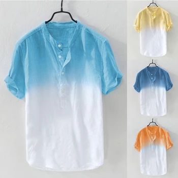 L'été Hommes de Couleur de Dégradé de Draps en Coton Respirant Lâche Casual T-shirts Bouton de Chemise