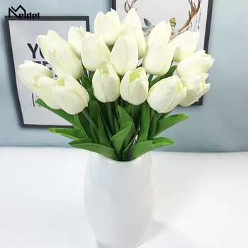 Meldel Tulipe Fleur de Mariage Bouquet de Mariée Demoiselle d'honneur Artificielle PU Tulipe Fleurs Blanc Jaune de BRICOLAGE à la Maison de Partie de Bal de Mariage Décoration