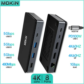 MOKiN 8-en-1 USB Station d'Accueil 4K 60HZ -2 DP, 3 USB3.0 5 gbps, PD 100W, SD/TF pour MacBook Pro/Air M1 M2 PC Portable Thunderbolt