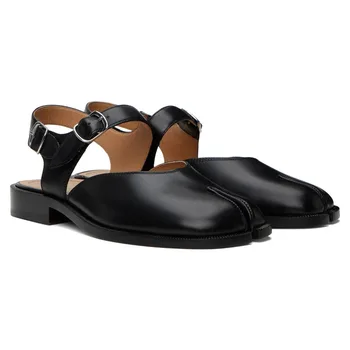Noir Split Toe Backless de Sandales pour Hommes de Luxe de Style Britannique Boucle en Cuir Véritable de Plage l'Été, Chaussures Confortables Pour les Chaussures Hommes