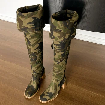 Nouveau Camouflage Denim Super Longues Bottes 34-42 Couture Talon de 7 cm d'Épaisseur Pliante Over-the-Knee Boots Denim Bleu à la hauteur du Genou Bottes pour Femmes