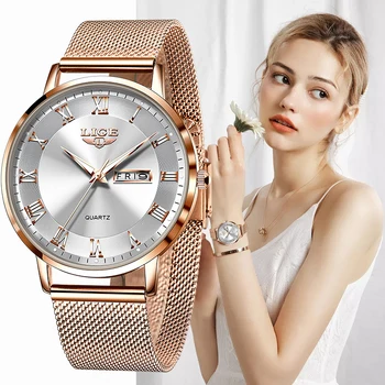 Nouveau LIGE Femmes Ultra-Mince Montre Haut de Marque de Luxe de Montres de Dames de Mode de l'Horloge en Acier Inoxydable Étanche Calendrier montre-Bracelet+Boîte