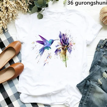 Nouvelles Femmes t-Shirt Drôle de Colibri Floral Aquarelle Violet Oiseau Graphique Print T Shirt Femme de la Mode Harajuku Femmes Tops