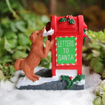 Noël Miniature Boîte aux lettres boîte aux lettres Résine Ornements avec Chiot pour le Village de Noël de Décoration Rue de Fée Accessoires de Jardin