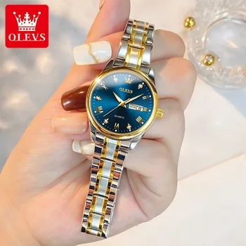 OLEVS Nouvelle Marque de Mode Montre à Quartz Femmes Imperméable Classique de la Semaine de la Date de Luxe pour Femmes Montres en Acier Inoxydable montre-Bracelet Bleu