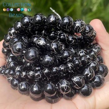 Pierre naturelle Perles 6 8 10 12 mm Noir en Soie Blanche Agate Ronde Perles Pour la Fabrication de Bijoux DIY Bracelet à la Main Collier 15