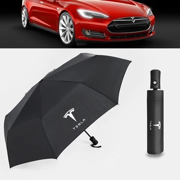 Pour Tesla De La Crème Solaire Parapluie Coupe-Vent Automatique Pliable Parapluie Voiture Logo Emblème De La Pluie Parasol Parasol Modèle 3 X Accessoires