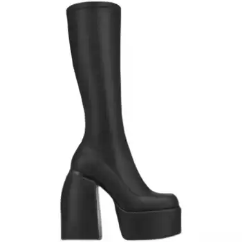 punk style automne hiver bottes élastique en microfibre chaussures femme bottines à talons hauts noir épais plate-forme longue de haute de genou bottes