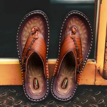Qmaigie Flip Flops Hommes en cuir des chaussons 2023 Été nouvelle Mode des Hommes de diapositives en plein air Respirant à la main pantoufles hommes de grande Taille 47