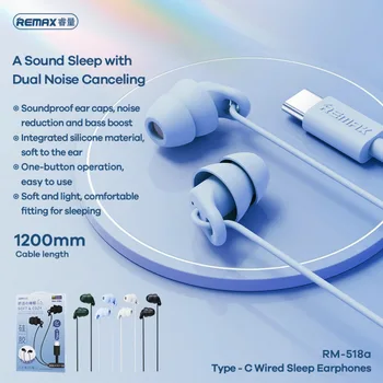 Remax Filaire Sommeil Écouteur Jack 3,5 mm de Type C, Port Bluetooth 2 Options Douce Lumière de la Réduction du Bruit à l'Aise Pour les Téléphones Mobiles