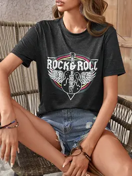 Rock & Roll Lettre Jovial Guitare Graphic T Shirts Femmes De La Mode De La Rue T-Shirt Cool De L'Été À Manches Courtes En Coton Casual T-Shirts