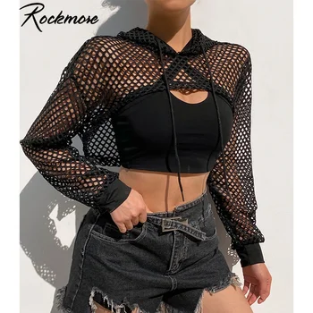 Rockmore Sexy Noir en Maille Résille, Haut Femmes Tshirt Voir à Travers la Blouse à Manches Longues T-shirts Recadrée Top Tee-Shirt Streetwear 2021