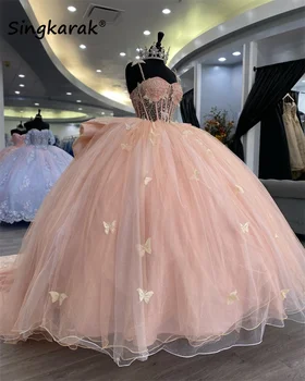 Rose Élégante Princesse Robe De Quinceanera 2023 Arc De Papillon Des Appliques De Perles De Cristal Anniversaire De Bal Sweet 16, Robe De Vestidos De 15 Años