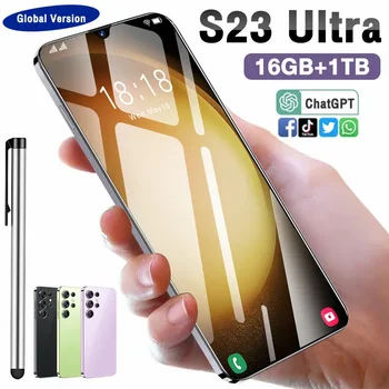 S23 Ultra Téléphones Mobiles 6.8 HD de l'Écran de SmartPhone Original 16G+1T 5G Dual Sim Celulares Android Débloqué 108MP 7800mAh Téléphone Cellulaire