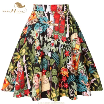 SISHION Rétro Vintage en Coton Noir Jupe VD0020 2023 Floral imprimé Animal jupe femme Rockabilly Swing d'Été de Dames de Femmes Jupe