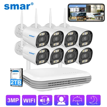 SMAR sans Fil CCTV Système de Caméra wi-fi Kit H. 265 3MP HD de Sécurité Audio IA détection du Visage IP 8 CANAUX DVR de vidéosurveillance Kit ICSee