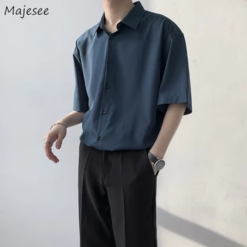 Social Business Casual Shirts Hommes Été Lâche-coréen de la Mode Baggy Solide Tout-match Simple Streetwear Camisa Homme de Base en Haut à Chaud