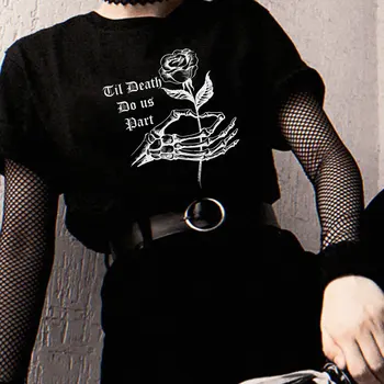 Squelette Gothique Impression Grunge Punk Sombre Noir Femme Vintage La Mode Streetwear Chic Esthétique Des Vêtements Harajuku Femmes T-Shirt