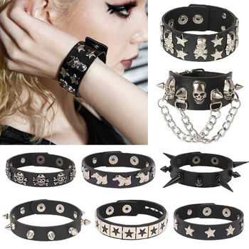 Star Spike Bracelet En Cuir Mens Bracelet De Femmes De Punk Rock Bracelet Goth Bijoux En Cuir Réglable Cosplay Emo Gothique Accessoires