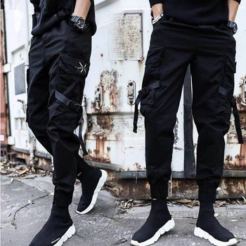 Streetwear Rubans Casual Pantalon pour homme Noir Slim Mens Pantalon de Jogging Latérales-poches en Coton Homme Pantalon