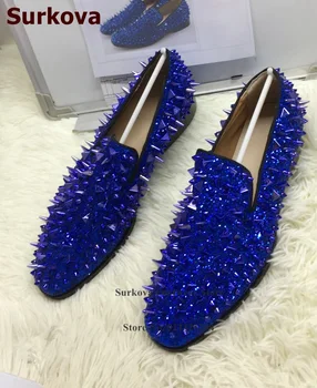 Surkova De La Royal Bleu Or Pailleté Rivets Hommes Chaussures Glitter Paillette Bling Bling Pointes Décorées Mocassins Casual Chaussures