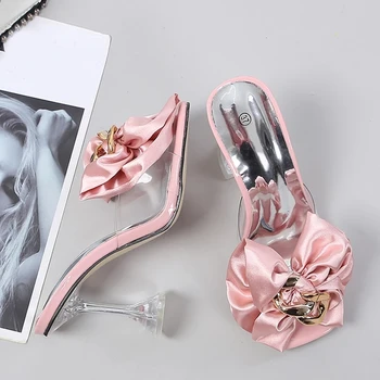 Transparent Chaussons Pour les Femmes 2023 Mode Estivale Papillon Rose-noeud Concepteur Sandales Clair Talons Taille 46 Femme Chaussures