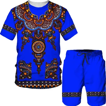 Un Style Chic et Hommes Africains Totem Imprimé T Shirt Ensembles de Taille Plus Masculin Ethniques Tribaux Primitifs Imprimé Survêtement Vêtements Traditionnels