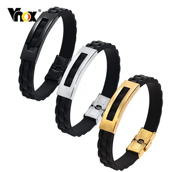 Vnox Élégant Mens Black Bracelets en Silicone avec de l'Acier Inoxydable plaque d'identification, Sportif Occasionnel de la Sangle de Bracelet Étanche