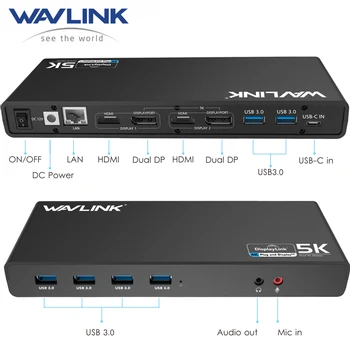 Wavlink Universel type c Station d'Accueil pour Displaylink 4K/5K USB-C Double USB 3.0 Vidéo Gigabit Ethernet Port HDMI Windows Mac OS