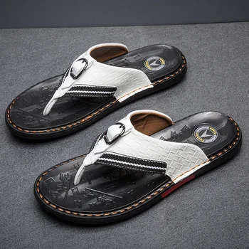 WEH top marques de chaussures Hommes des tongs en Cuir Véritable de Luxe, des Pantoufles de Plage Occasionnels Sandales de l'Été Hommes de la Mode Chaussures blanc
