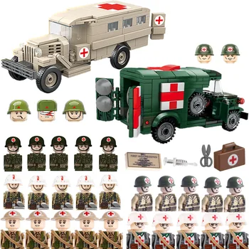 WW2 Accessoires Militaires Blocs de Construction AMÉRICAIN, Britannique, allemand Médicale Soldats Chiffres Gaz-552 Ambulance Boîte de Stretche Briques D345