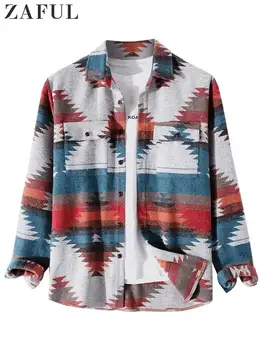 ZAFUL Shirt Veste pour les Hommes Tribal imprimé Géométrique Mélange de Laine Ethnique Veste Blouse Vêtements Automne Hiver Long Sleeve Tops Shacket