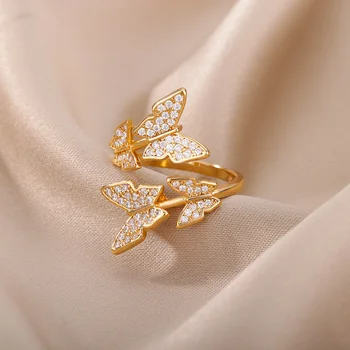 Zircon Double Papillon Anneaux Pour Les Femmes, En Acier Inoxydable Papillon Réglable Bague Femme De Fiançailles Bijoux De Mariage